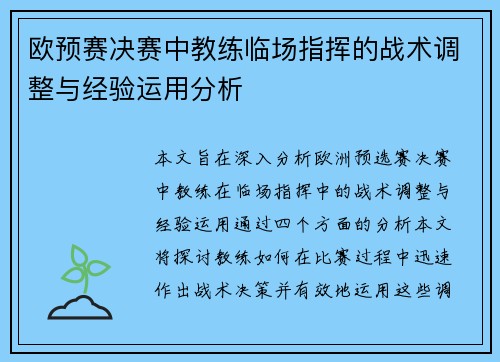 欧预赛决赛中教练临场指挥的战术调整与经验运用分析